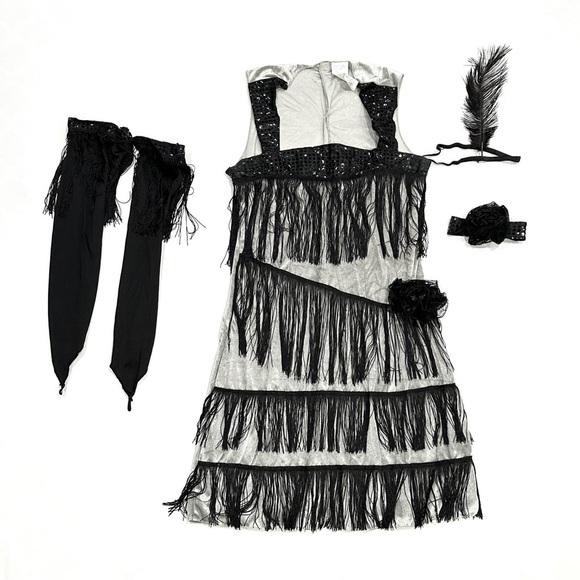 Roaring 20s Flapper Grey Velvet Black Fringe 4pc Halloween Cosplay Costume - Picture 1 of 8